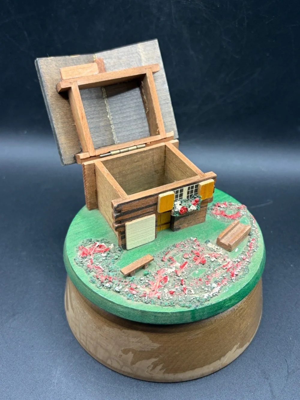 Vintage Reuge Swiss Chalet Cabin Music Box “Toy Symphony” Trinket Box Works